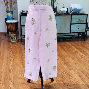 ROSANNA 100% Linen Pants Embroidered with Tropical Palms & Monkey